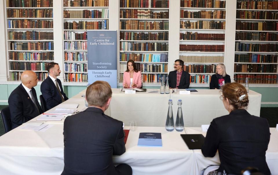 The Duchess of Cambridge takes part in a roundtable with the Royal Foundation Centre for Early Childhood and government ministers at the Royal Institution (Chris Jackson/PA) (AP)