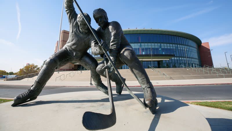 A sculpture of hockey players at the Maverik Center in West Valley City is pictured on Oct. 8, 2020. Utah Jazz owner Ryan Smith is looking to bring an NHL expansion team to the state.