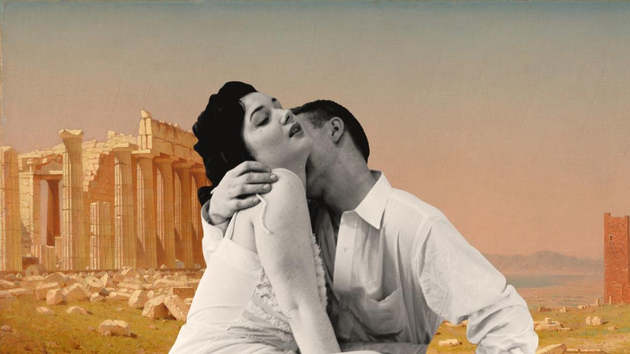 ruins of the parthenon with couple in passionate embrace