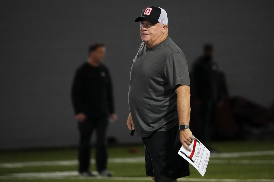 Mar 7, 2024; Columbus, OH, USA; Ohio State Buckeyes offensive coordinator Chip Kelly watches players during spring football practice at the Woody Hayes Athletic Center.
