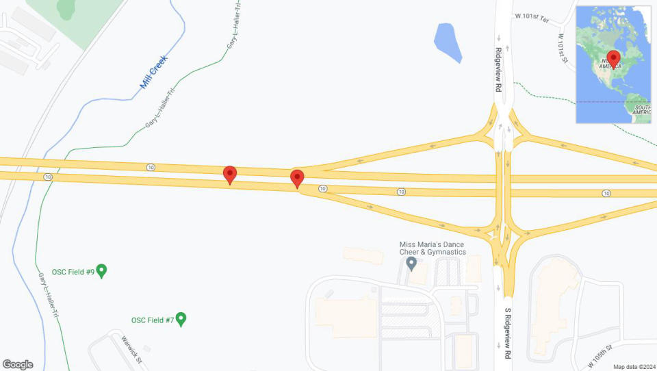 A detailed map that shows the affected road due to 'K-10 Richtung Ridgeview Road' on January 16th at 8:43 p.m.