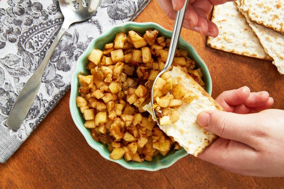 <p>This recipe is perfect for your Seder plate and for serving as an <a href="https://www.delish.com/cooking/recipe-ideas/g42618992/passover-appetizers/" rel="nofollow noopener" target="_blank" data-ylk="slk:app;elm:context_link;itc:0;sec:content-canvas" class="link ">app</a> for anyone dipping their toes into the <a href="https://www.delish.com/cooking/recipe-ideas/g4062/passover-recipes/" rel="nofollow noopener" target="_blank" data-ylk="slk:Passover;elm:context_link;itc:0;sec:content-canvas" class="link ">Passover</a> holiday. Feel free to swap in your preferred nuts and dried fruit.</p><p>Get the <strong><a href="https://www.delish.com/cooking/recipe-ideas/a31790190/charoset-recipe/" rel="nofollow noopener" target="_blank" data-ylk="slk:Charoset recipe;elm:context_link;itc:0;sec:content-canvas" class="link ">Charoset recipe</a></strong>.</p>