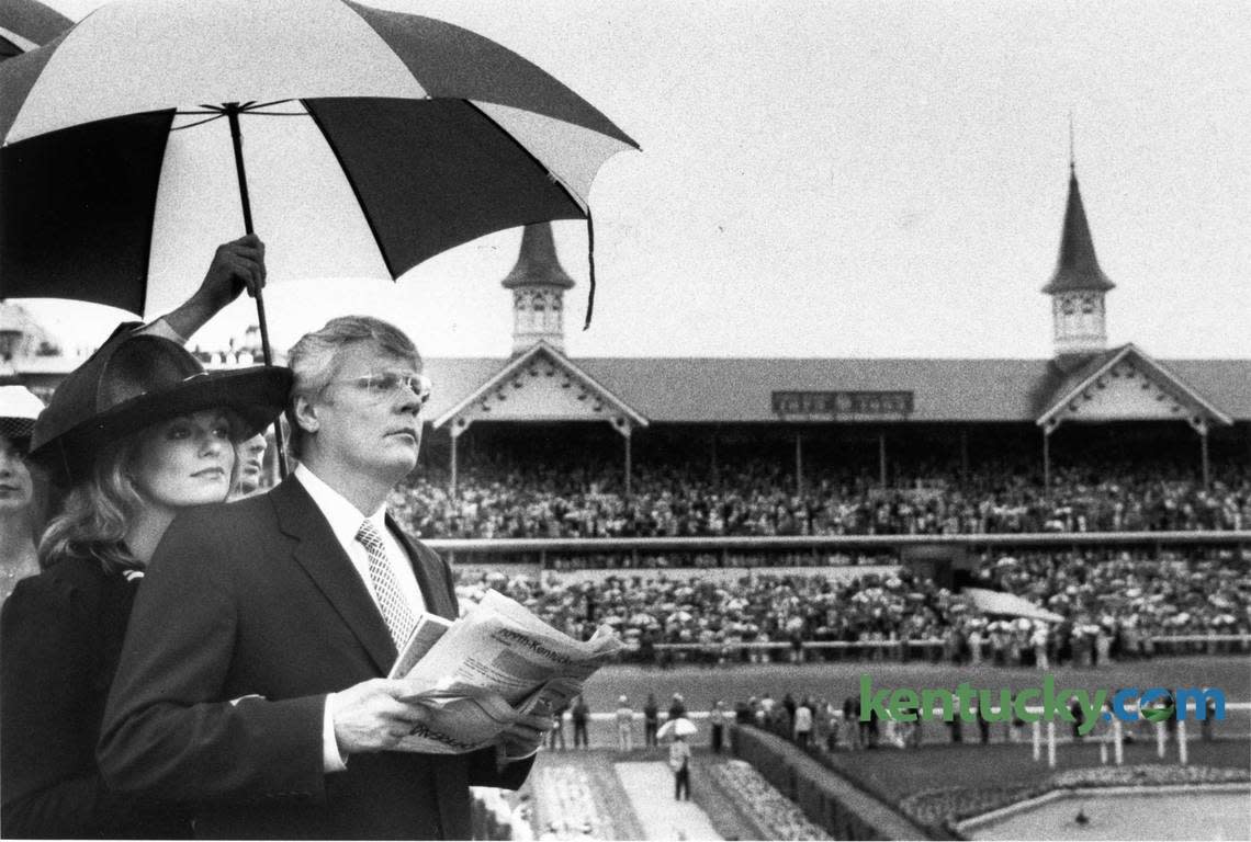 Kentucky Governor John Y. Brown Jr. and his then-wife, former Miss America and CBS sportscaster Phyllis George, eye the backstretch during the 1983 Kentucky Derby. This was the governor’s final time presenting the trophy to the winner of the Run for the Roses.