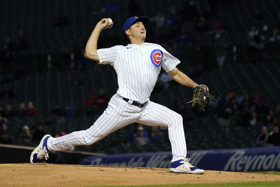 Chicago Cubs starting pitcher Hayden Wesneski delivers during the first inning of a baseball game against the Philadelphia Phillies Wednesday, Sept. 28, 2022, in Chicago. (AP Photo/Charles Rex Arbogast)