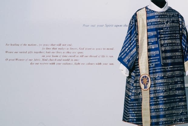 A blue Advent vestment by Thomas Roach, on exhibition at Museum London in Ontario. Photo: Courtesy Thomas Roach