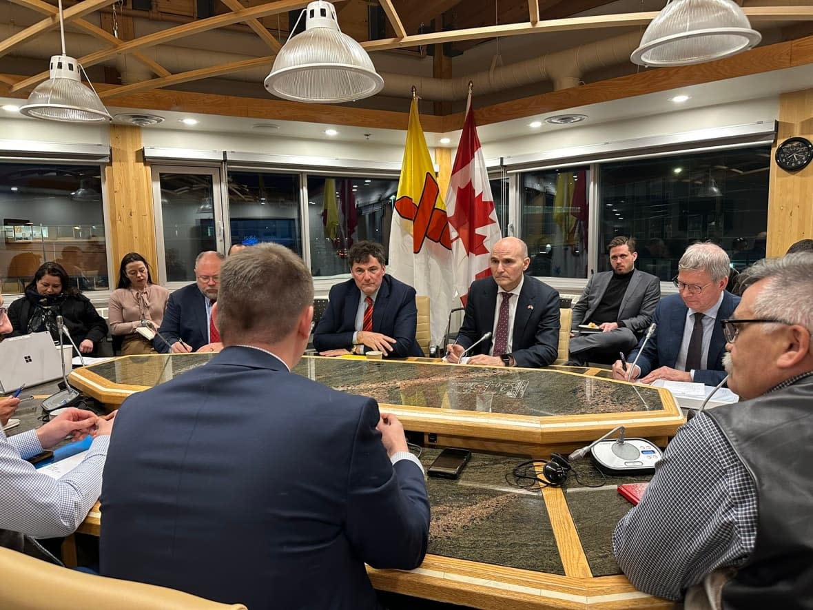 Nunavut Premier P.J. Akeeagok and Minister Lorne Kusugak, in foreground, meet with Intergovernmental Affairs Minister Dominic Leblanc and federal Health Minister Jean-Yves Duclos in Iqaluit Wednesday evening.  (P.J. Akeeagok/Twitter - image credit)