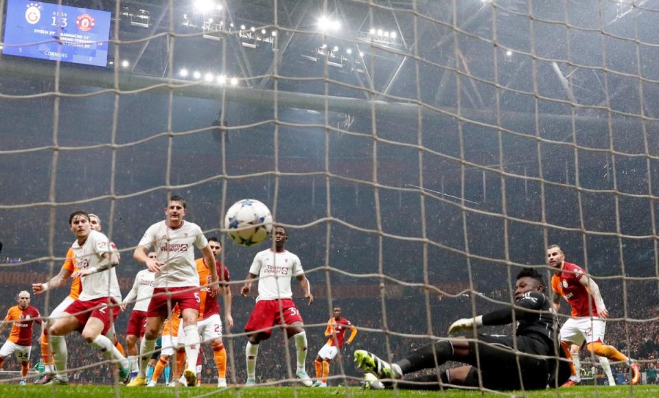 Andre Onana made two mistakes from Hakim Ziyech free-kicks as Manchester United threw away a pair of two-goal leads in Istanbul (REUTERS)