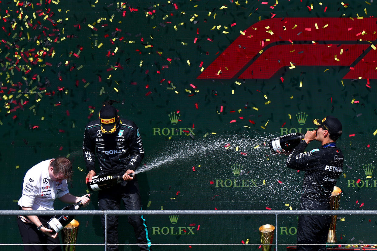 Mercedes' Hamilton and Russell celebrate after the Belgian GP. (Dean Mouhtaropoulos/Getty Images)