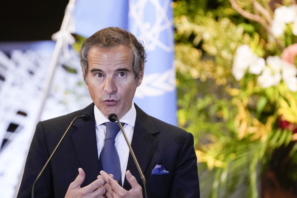 Director-General of the International Atomic Energy Agency (IAEA) Rafael Grossi speaks as Japanese Foreign Minister Yoshimasa Hayashi listens during a news conference at the Iikura guesthouse in Tokyo, Thursday, May 19, 2022. (AP Photo/Hiro Komae)