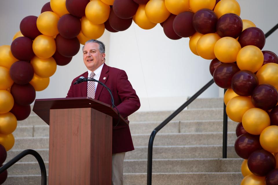 Florida CFO Jimmy Patronis speaks to Seminole fans for FSU Day at the Capitol in Tallahassee on March 21.