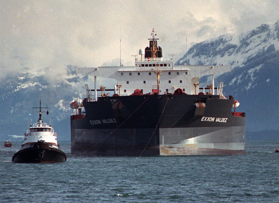 FILE - Tugboats pull the crippled tanker Exxon Valdez towards Naked Island in Prince William Sound, Alaska, seen in this April 5, 1989, file photo after the ship was pulled from Bligh Reef. Best Oasis', an Indian company that dismantles old ships, official Gaurav Mehta says his company recently bought the Exxon Valdez, but he declined to say from whom or at what price. He said Friday March 23, 2012 that the vessel is most likely headed for the scrap yard. (AP Photo/Rob Stapleton, File)