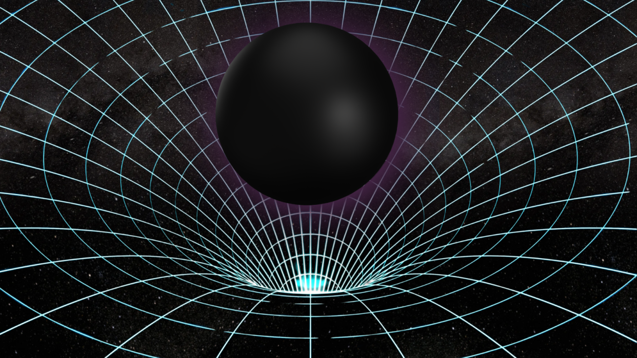  A black ball in the center of the screen looks to be falling into a warped spacetime diagram. . 