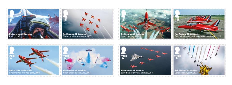 Newly released stamps by the Royal Mail featuring the Red Arrows to mark their 60th display anniversary