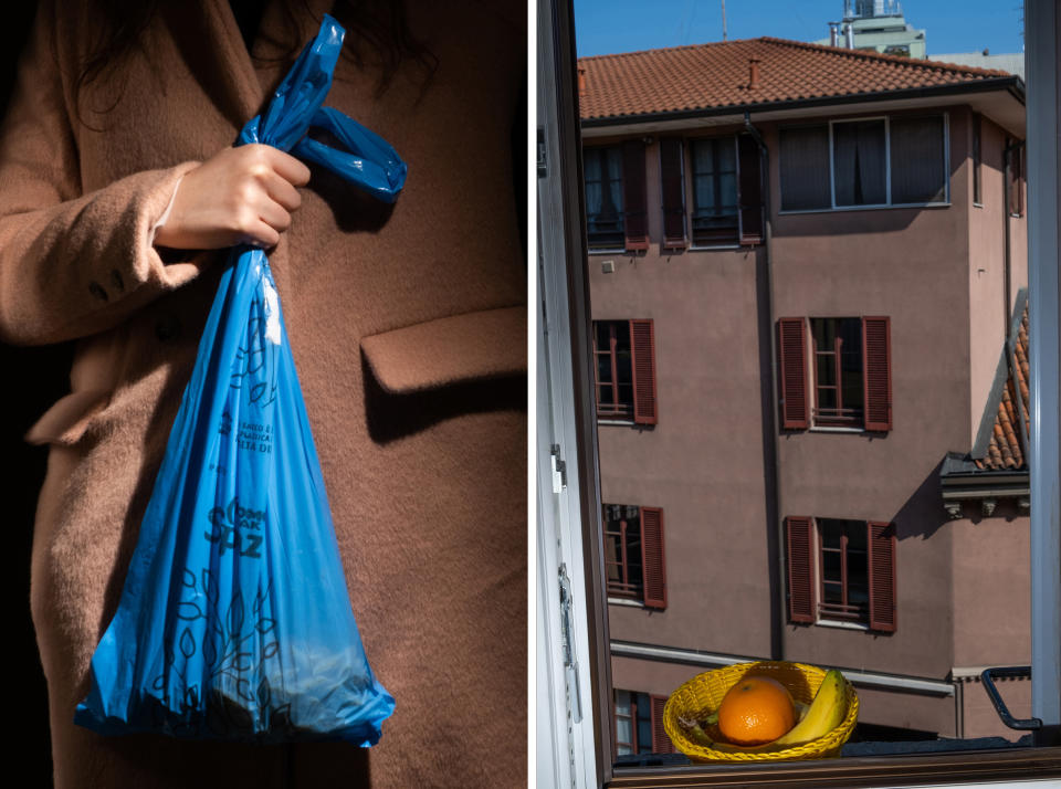 Left: 2:50 P.M. A bag of trash; Right: 12:15 P.M. Fruit on the window | Lucia Buricelli for TIME