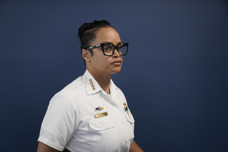 Philadelphia Police Commissioner Danielle Outlaw arrives for a news conference in Philadelphia, Wednesday, Aug. 23, 2023. Officials announced plans to fire officer Mark Dial, who on Aug. 14, shot and killed Eddie Irizarry during a during a traffic stop. (AP Photo/Matt Rourke)