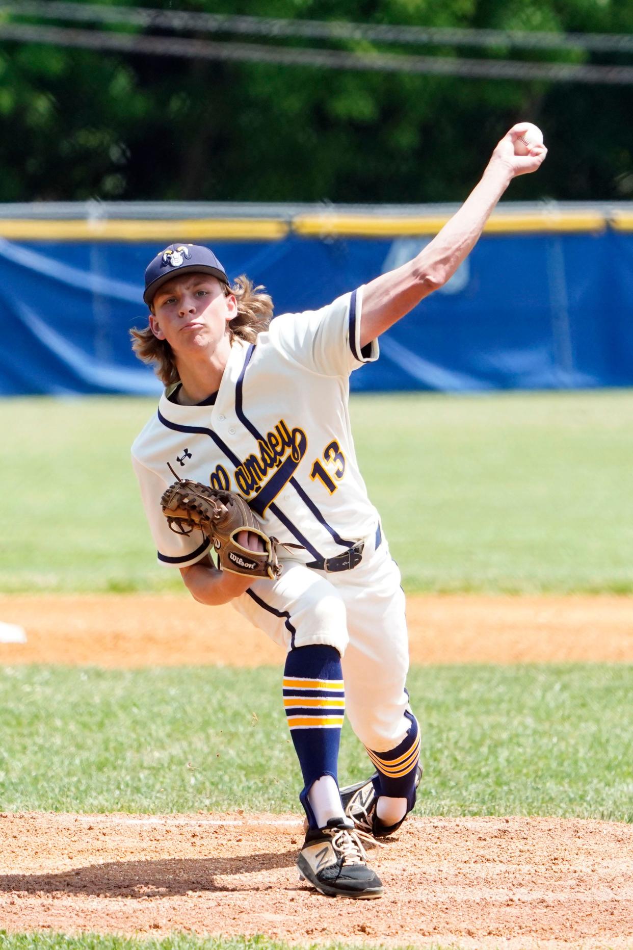 Ramsey pitcher William Kirk (13). Old Tappan faces Ramsey in the Bergen County baseball tournament semifinal game on Sunday, May 29, 2022, in Demarest.