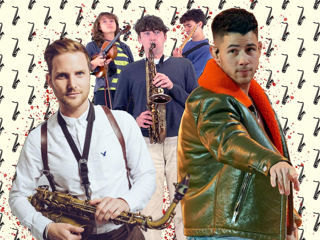 <p>Blowhards: New players such as Brendan Mills, left, and Lewis Evans, centre are bringing the saxophone back in from the cold</p> (Getty/iStock/The Independent)