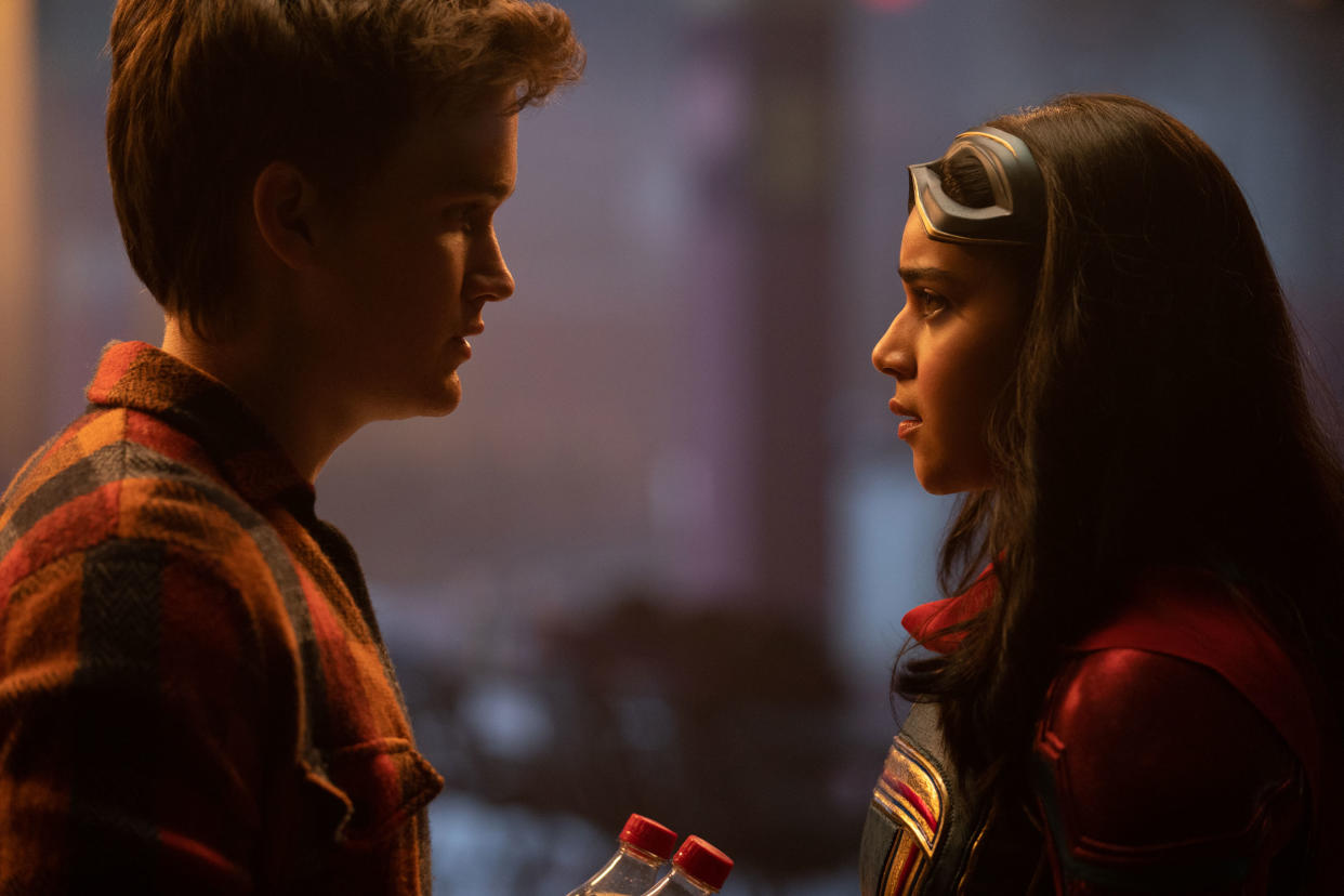 Still from Ms Marvel season one finale showing Matt Lintz as Bruno and Iman Vellani as Kamala Khan/Ms. Marvel