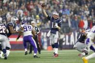 Dec 2, 2018; Foxborough, MA, USA; New England Patriots quarterback Tom Brady (12) makes a pass during the third quarter against the Minnesota Vikings at Gillette Stadium. Mandatory Credit: Greg M. Cooper-USA TODAY Sports