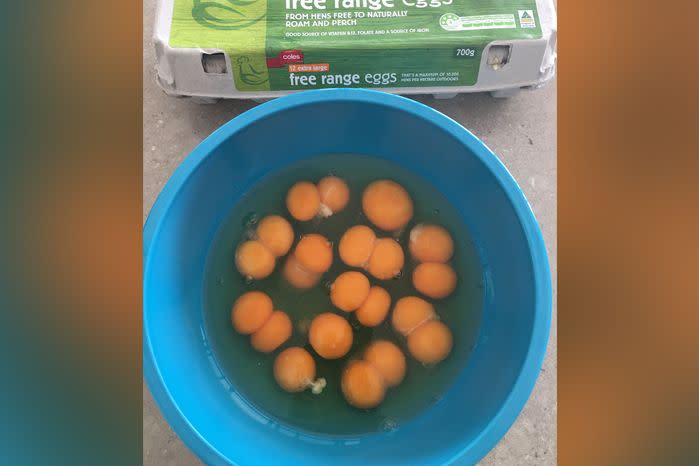 Mariana MacLeod was a litle confused when she cracked open nine double-yolked eggs. Source: Facebook
