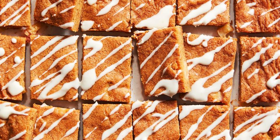 brown butter apple blondies drizzled with brown butter glaze