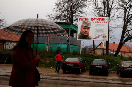 A placard depicting former Bosnian Serb general Ratko Mladic is seen in Nevesinje, Bosnia and Herzegovina November 8, 2017. Picture taken November 8, 2017. REUTERS/Dado Ruvic