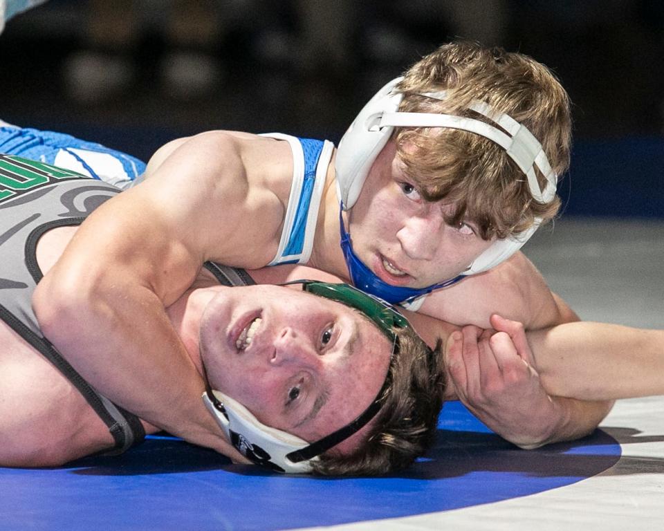 Berlin Brothersvalley's Landon Ulderich controls North Star's Braden Livingston in the 132 pound match during a dual meet, Tuesday, in Berlin.