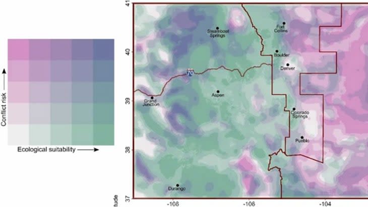 <span class="article__caption">The dark purple spots on the west side of this map are the sweet spots, where ecological suitability and social tolerance converge. </span> (Photo: Colorado Parks and Wildlife)