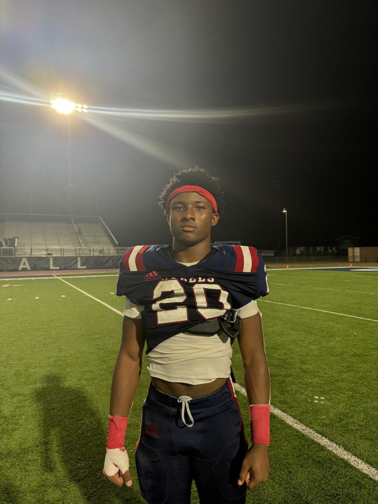 Teurlings Catholic's Doug E Viltz poses for a photo after competing in the 72nd annual Lafayette Kiwanis High School Football Jamboree at St. Thomas More's Cougar Stadium on Aug. 29, 2024.