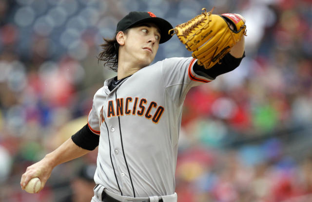 San Francisco, CA: San Francisco Giants pitcher Tim Lincecum (55) unhappy  with his early efforts in his first loss of the season. The Nationals won  the game 7-3. (Credit Image: © Charles