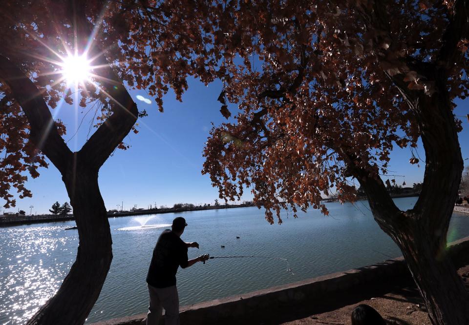 Josue Chavez casts his line beneath a pair of cottonwoods Saturday, Jan. 12, 2019, at Ascarate Lake.