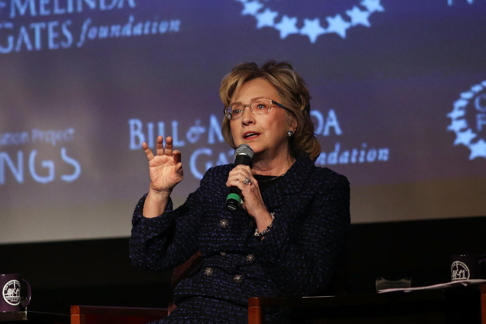 NEW YORK, NY - FEBRUARY 13:  Secretary Hillary Rodham Clinton joins Melinda Gates in a discussion at New York University and moderated by Chelsea Clinton concerning the use of data to advance the global progress for women and girls on February 13, 2014 in New York City. The discussion, in front of an audience of NYU faculty and students, touched on ways to get more women in positions of power in both business and government. The event also marked the launch of a new partnership between the Clinton Foundation and the Gates Foundation.  (Photo by Spencer Platt/Getty Images)