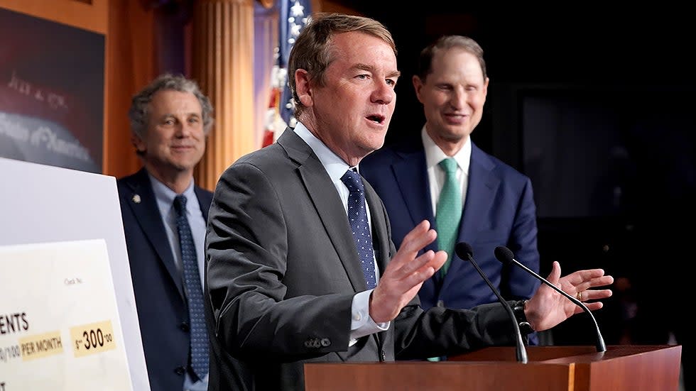 Sen. Michael Bennet (D-Colo.) addresses reporters during a press conference on Thursday, July 15, 2021 to discuss the Child Tax Credit payments being sent out.