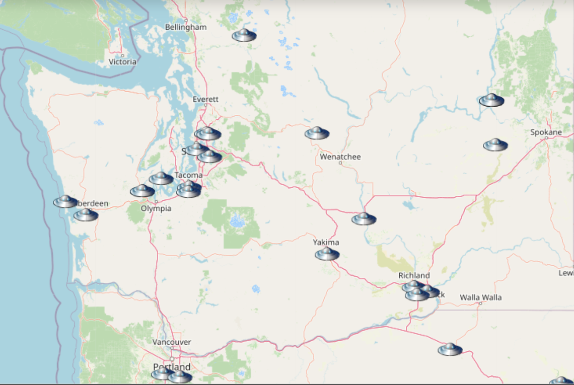 Recent UFO reports throughout Washington and northern Oregon.