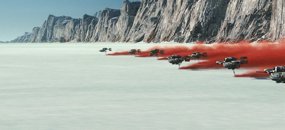 Resistance ski speeders in action on the planet Crait in <em>Star Wars: The Last Jedi.</em> (Photo: Lucasfilm)