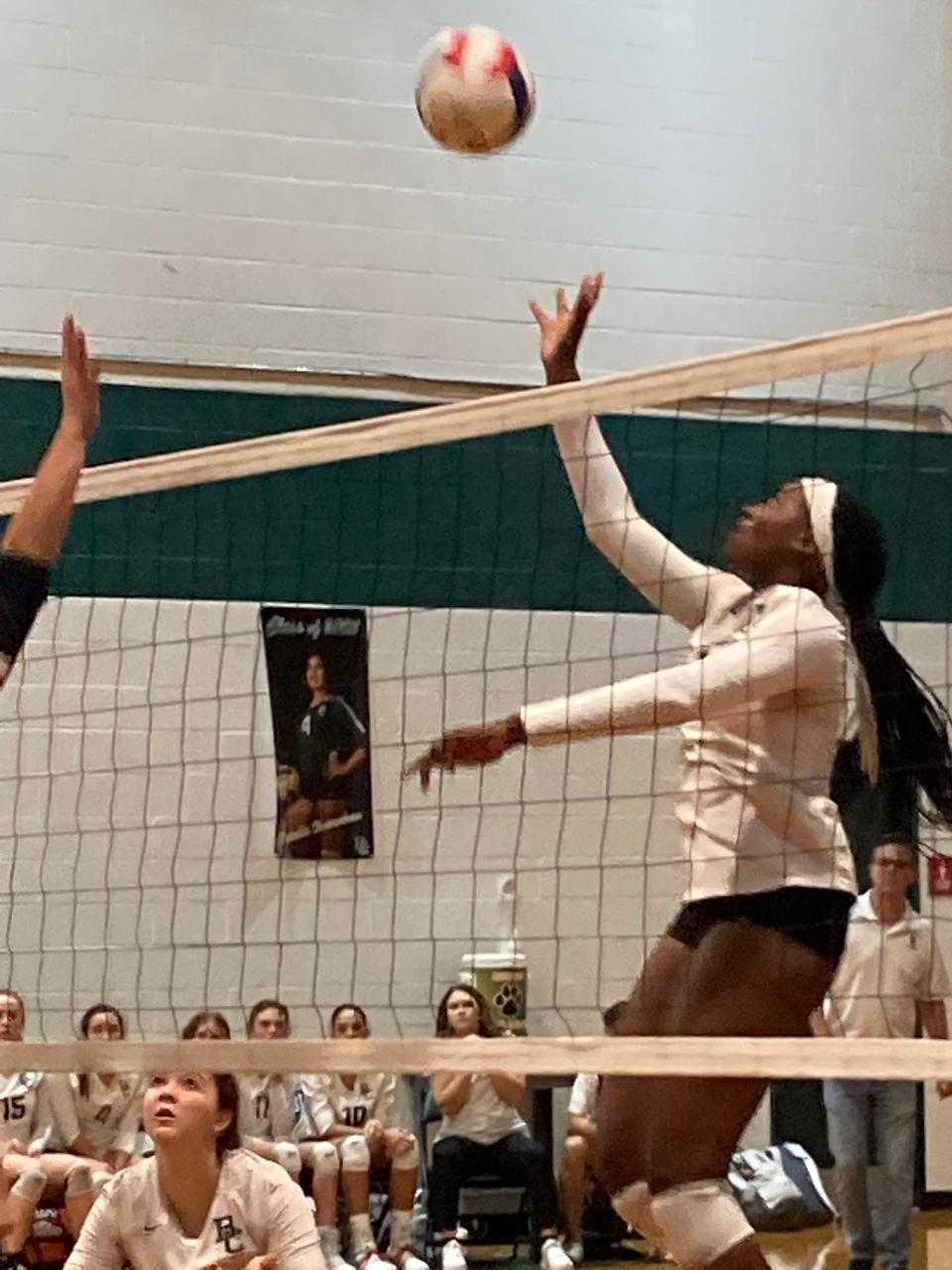 Boca Raton Christian volleyball player Tekoa Barnes competes Friday during the Blazers' win over Orangewood Christian in the Class 2A state semifinals.