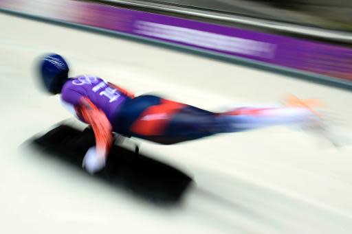 Elizabeth Yarnold takes part in a women's skeleton training session at the Sanki Sliding Center in Rosa Khutor on February 11, 2014