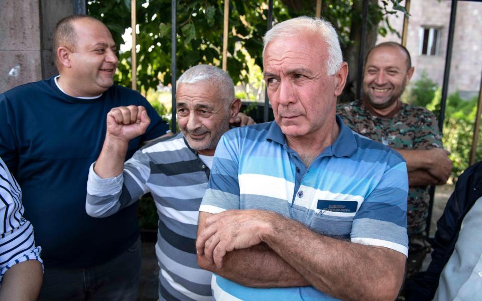 Armenian men gather at veteran's centre in Yerevan to volunteer to fight against Azerbaijan in the breakaway enclave of Nagorno-Karabakh - Julian Simmonds for The Telegraph