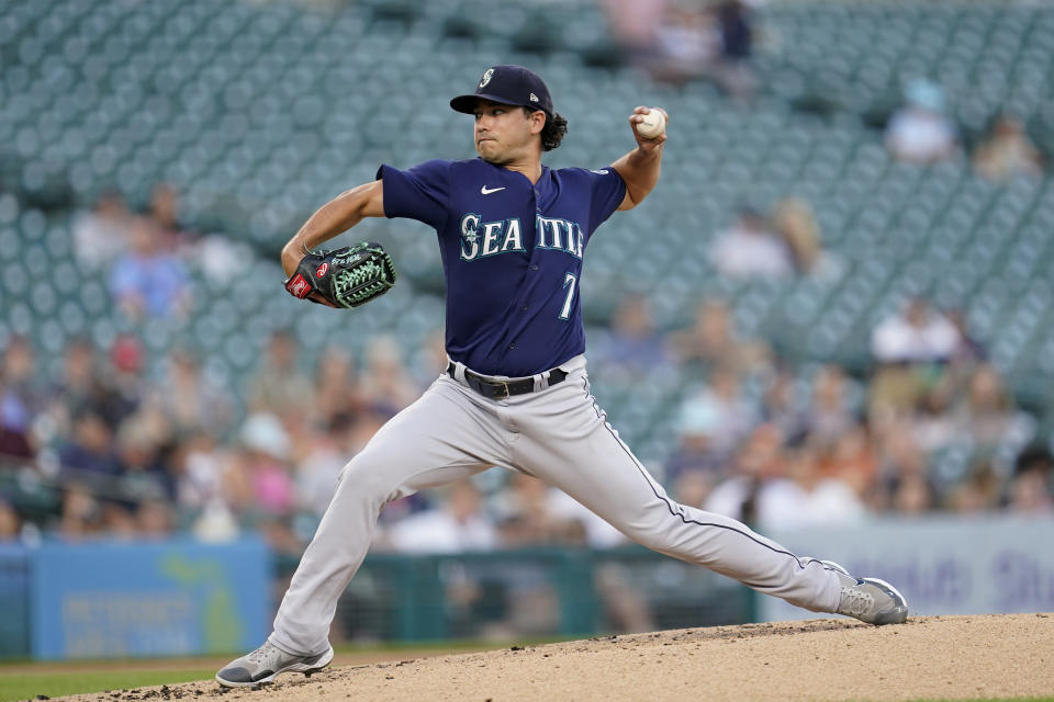 Seattle Mariners pitcher Marco Gonzales throws against the Detroit Tigers in the first inning of a baseball game in Detroit, Wednesday, Aug. 31, 2022. (AP Photo/Paul Sancya)