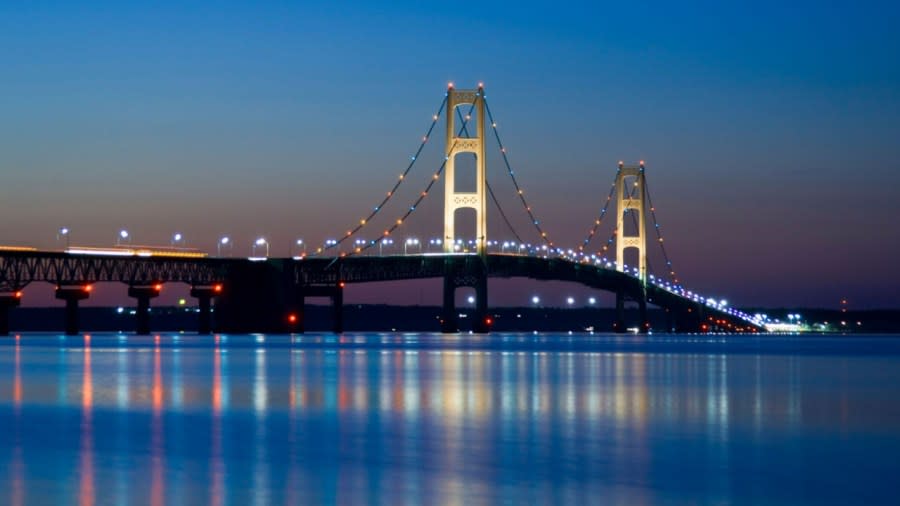 An undated photo of the Mackinac Bridge at twilight. (Courtesy Michigan Department of Transportation)