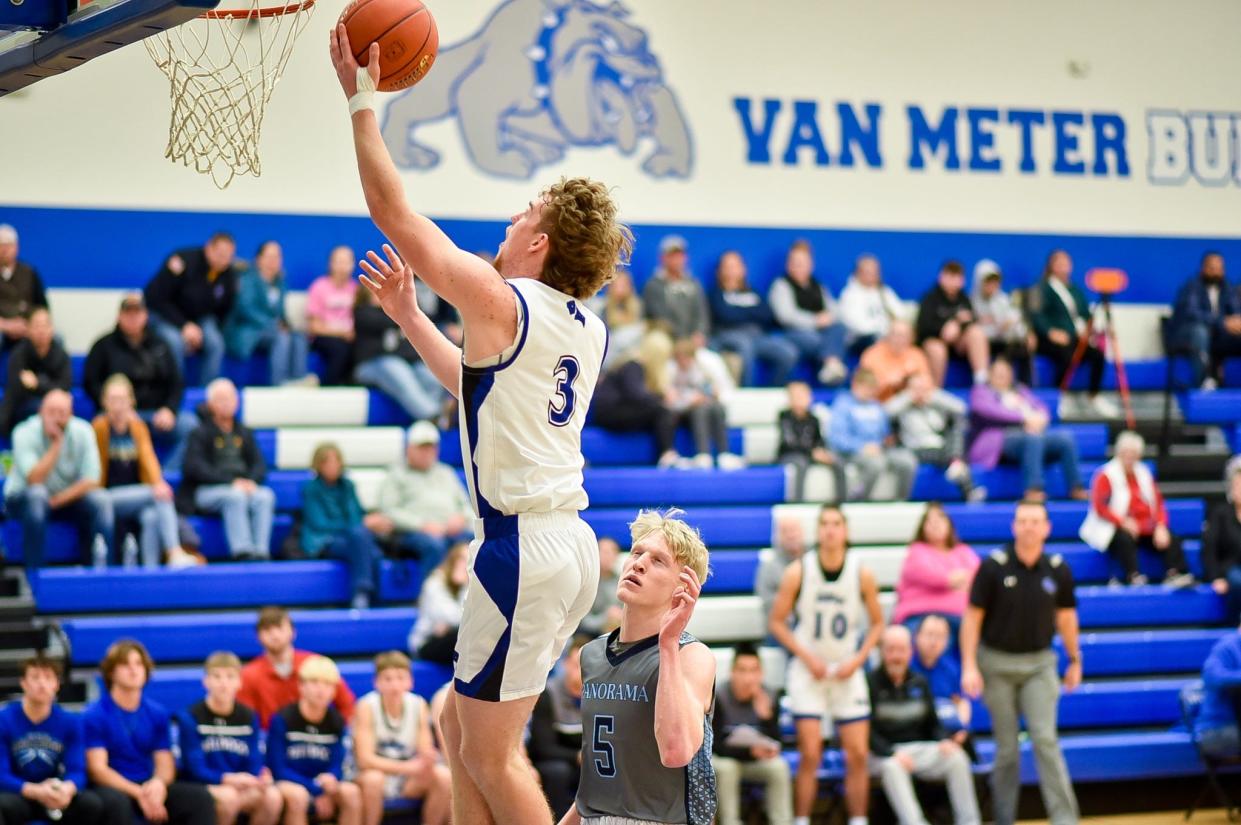 Van Meter's Carter Durflinger puts up a shot during a game against Panorama on Friday, Jan. 13, 2023.