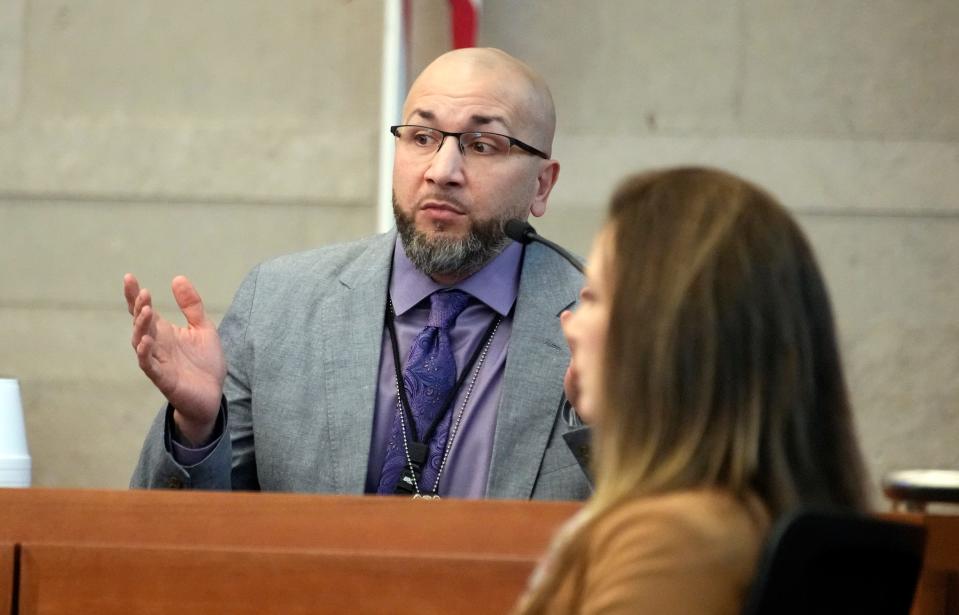 Columbus police officer Ryan Rosser testifies in the trial of former Franklin County Sheriff's deputy Jason Meade. Rosser was working on a task force with Meade on Dec. 4, 2020, when Meade fatally shot Casey Goodson Jr.
