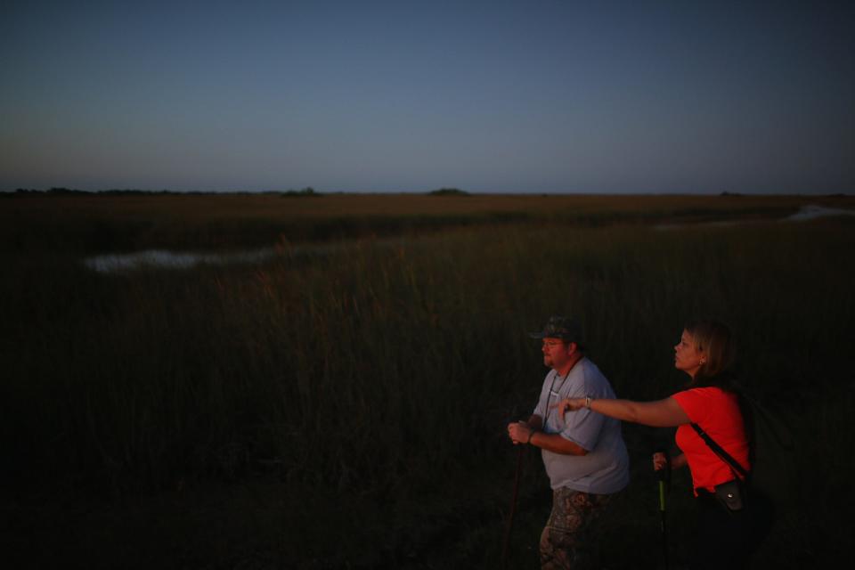 Dan Keenan, left,  and Steffani Burd hunt for pythons in the Florida Everglades on the first day of the 2013 Python Challenge on Jan. 12, 2013, in Miami.