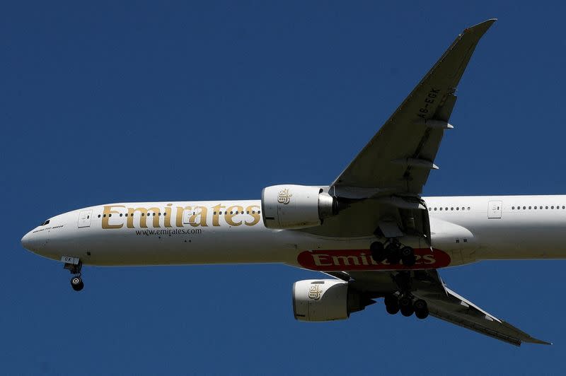 FILE PHOTO: An Emirates passenger plane comes in to land at London Heathrow airport, Britain