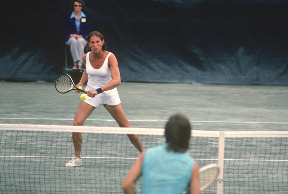 NEW YORK - CIRCA 1977: Renee Richards hits a return during the Women's 1977 US Open Tennis Championships circa 1977 at Forest Hills in the Queens borough of New York City. (Photo by Focus on Sport/Getty Images) 