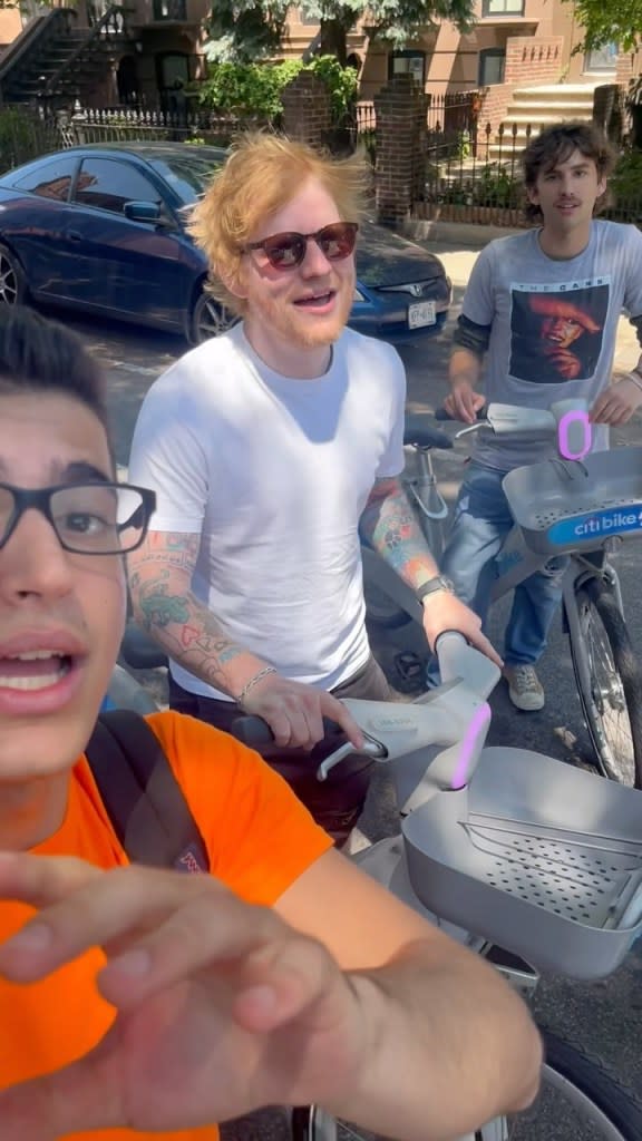 Pop star Ed Sheeran belted out one of his hits as he and friends rode along a Brooklyn bike lane. Instagram / @daundrylay