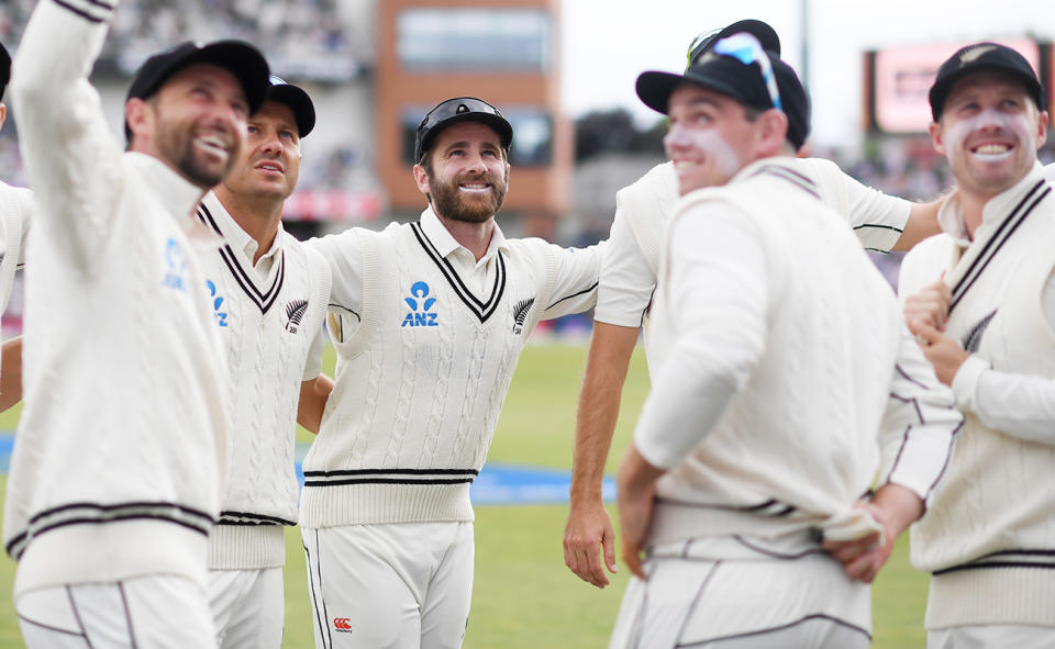 Kane Williamson, pictured here with teammates during a Test between New Zealand and England.