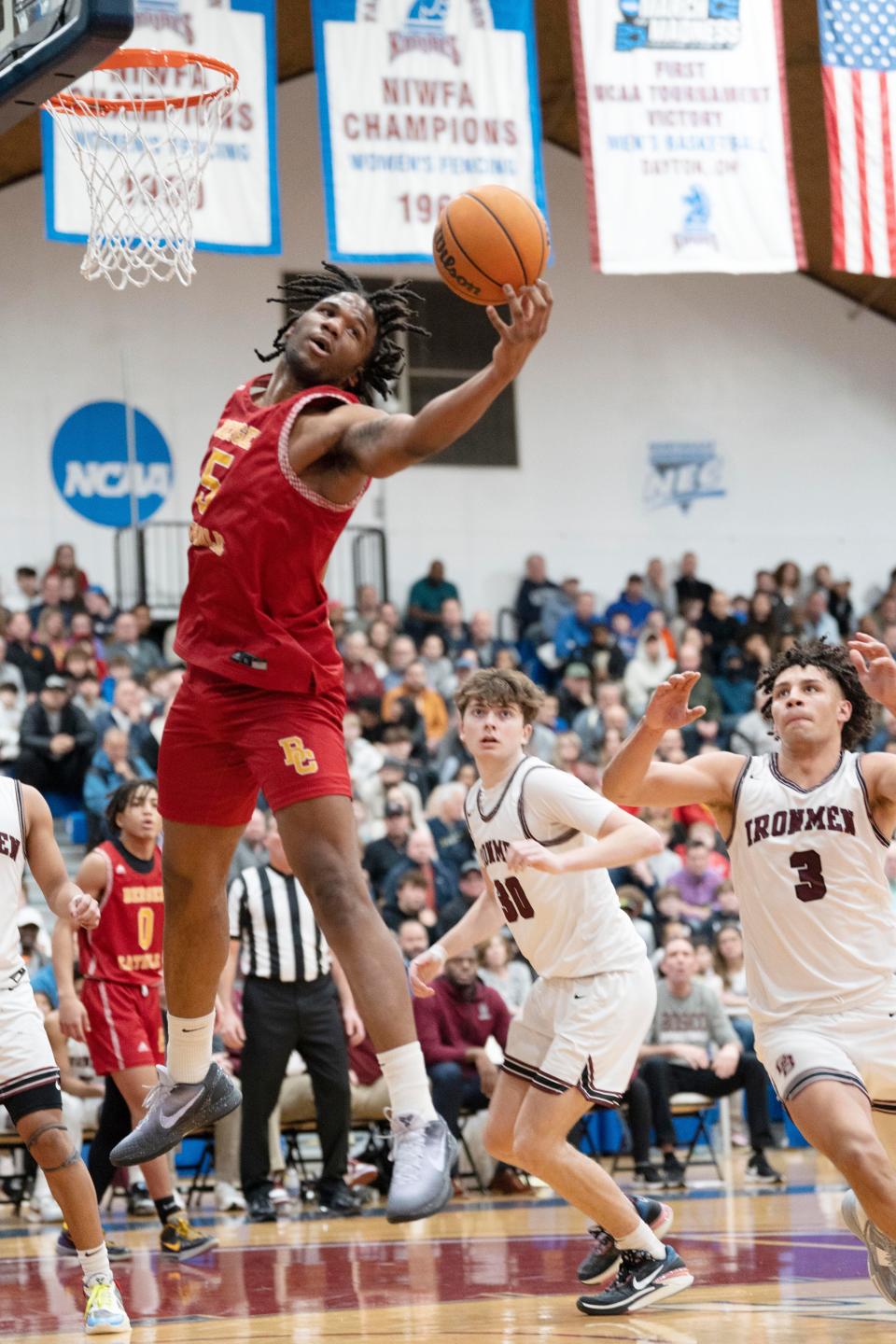 Bergen Catholic vs. Don Bosco in the 66th Bergen County Jamboree Boys Basketball Tournament final at the Rothman Center at Fairleigh Dickinson University in Hackensack on Friday, February 17, 2023. BC #5 Terry Copeland grabs a rebound.