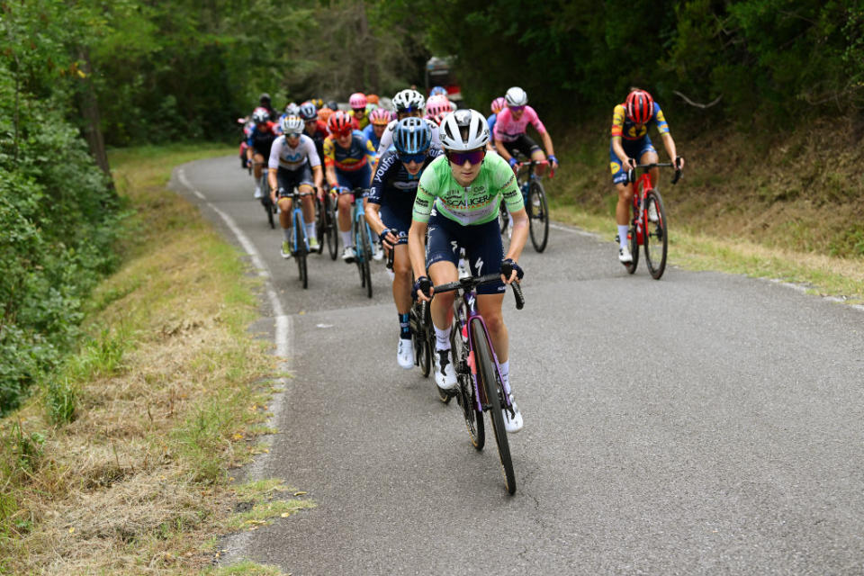 ALASSIO ITALY  JULY 06 Niamh FisherBlack of New Zealand and Team SD Worx  Green Mountain Jersey competes in the chase group during the 34th Giro dItalia Donne 2023 Stage 7 a 1091km stage from Albenga to Alassio  Santuario della Guardia 551m  UCIWWT  on July 06 2023 in Alassio Italy Photo by Dario BelingheriGetty Images