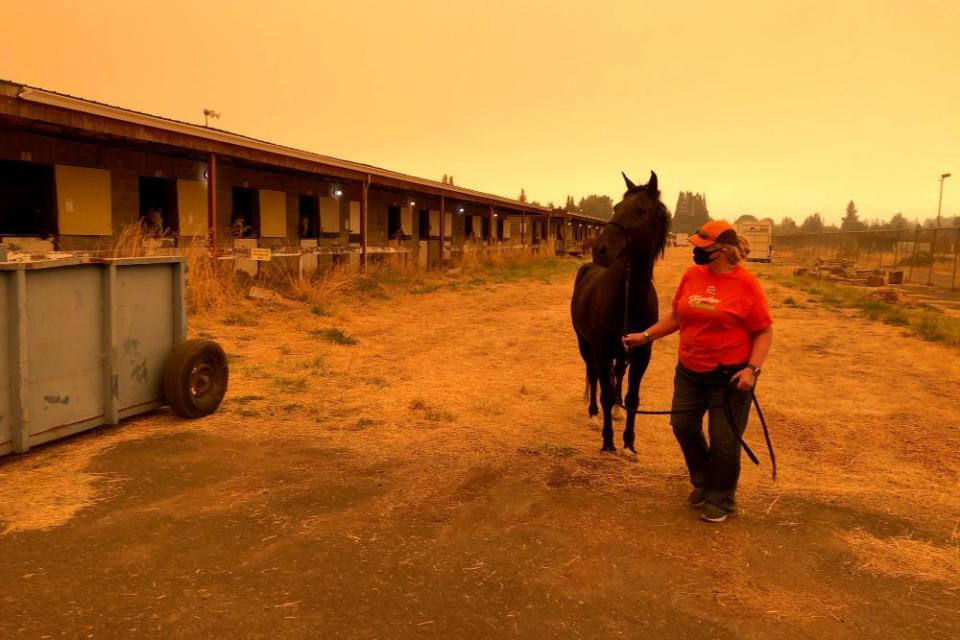 Catherine Shields leads her horse Takoda on the Oregon State Fairgrounds under eerie smoky skies in Salem, Oregon. Shields evacuated her horse and other animals to the fairgrounds as wildfires threatened.